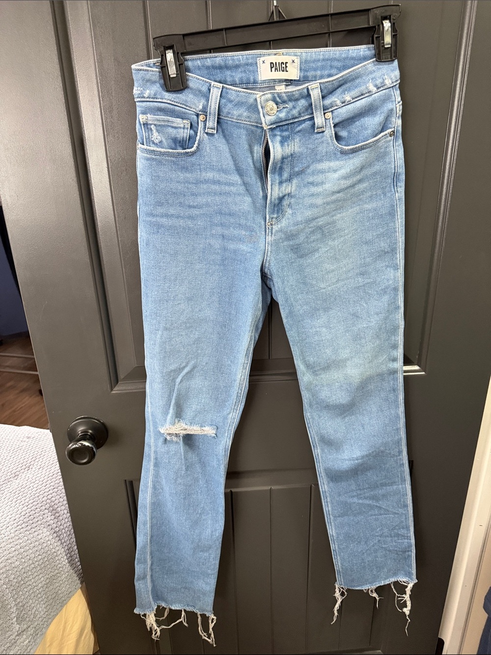 PAIGE Cindy Light Blue Distressed Straight Leg Jeans